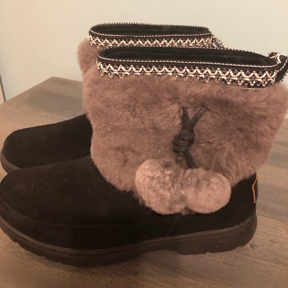 Ugg Shoes Ugg Boots Size 8 Black W Grey Pom Poms Poshmark Ugg Shoes Ugg Boots Size 8 Black W Grey Pom Poms Poshmark